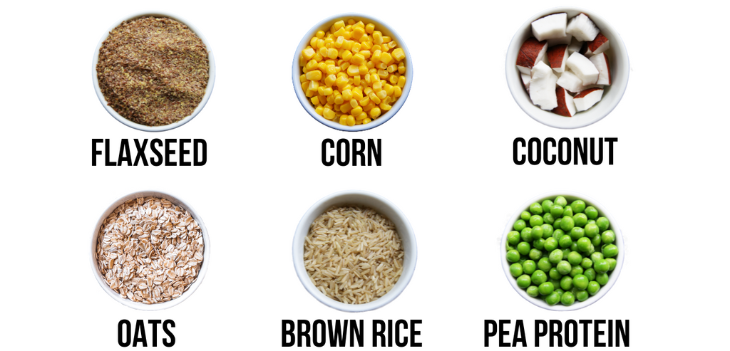 vybey ingredients - flaxseed, corn, coconut, oats, brown rice and pea protein